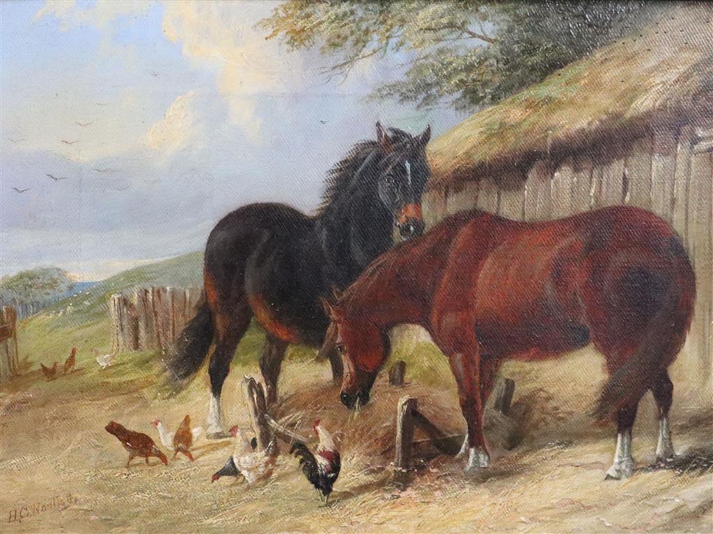 Henry Charles Woollett (1826-1893) Horses standing in a farmyard 9 x 12in.